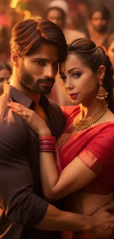 Elegantly dressed Indian couple embracing at a vibrant cultural event.