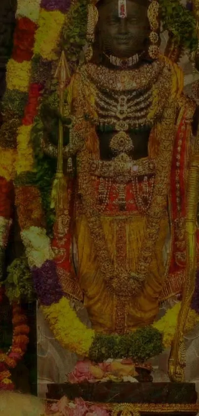 Mobile wallpaper of an Indian deity adorned with colorful garlands and jewelry.