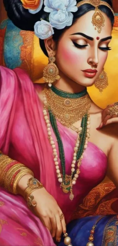 Elegant Indian woman portrait with traditional attire and vibrant colors.