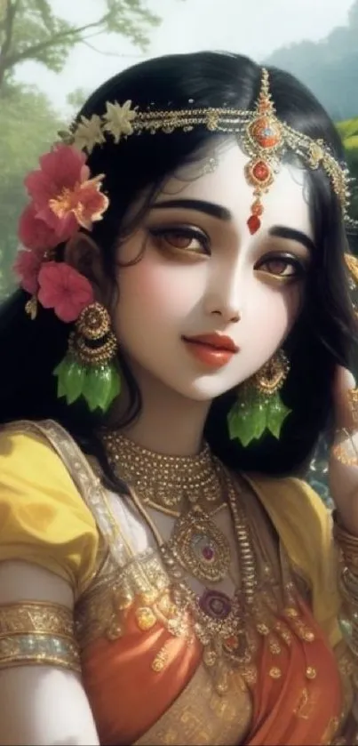 Artistic depiction of an elegant Indian princess with vibrant attire and floral accents.