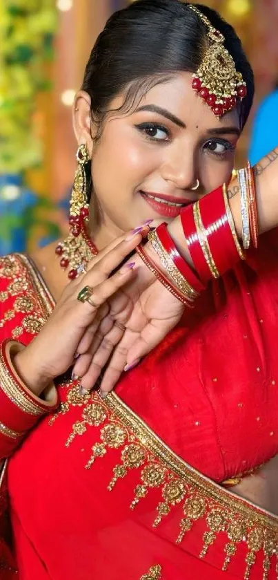 Elegant woman in traditional Indian red saree.