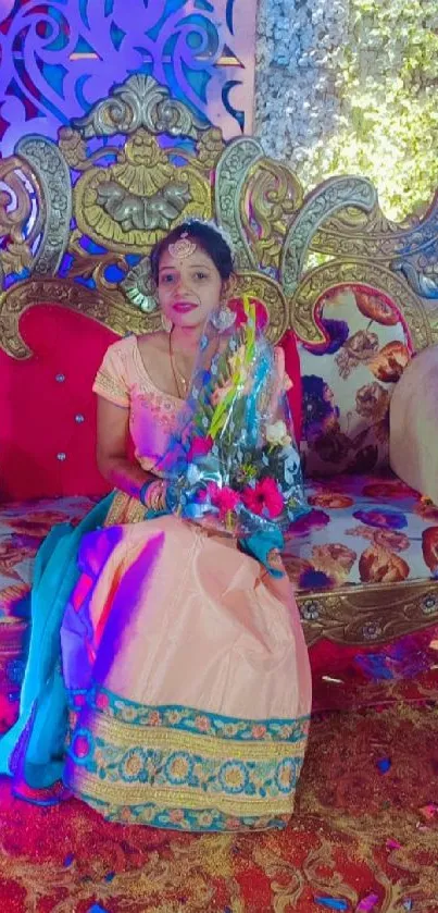 Woman in traditional attire at a decorated Indian wedding.