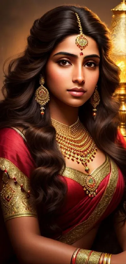 Elegant Indian woman in traditional attire with ornate jewelry, set against a warm backdrop.