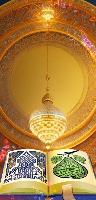 Islamic art wallpaper with Quran and golden mosque dome illuminated.