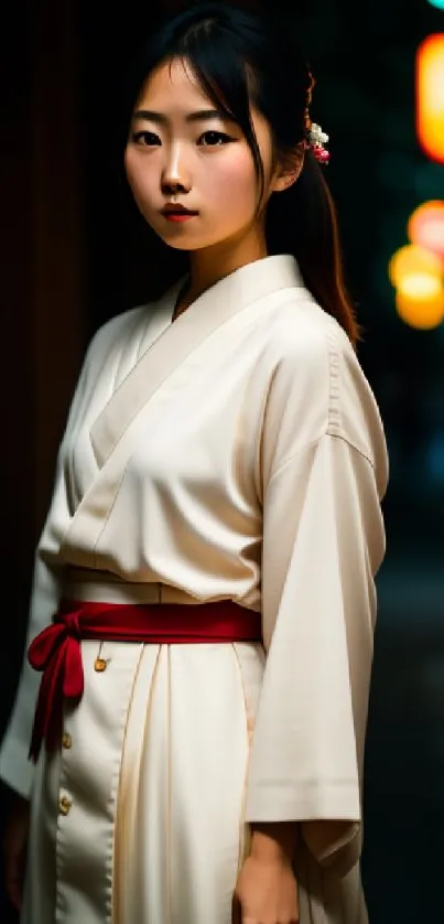 Elegant Japanese woman in kimono at night scene.