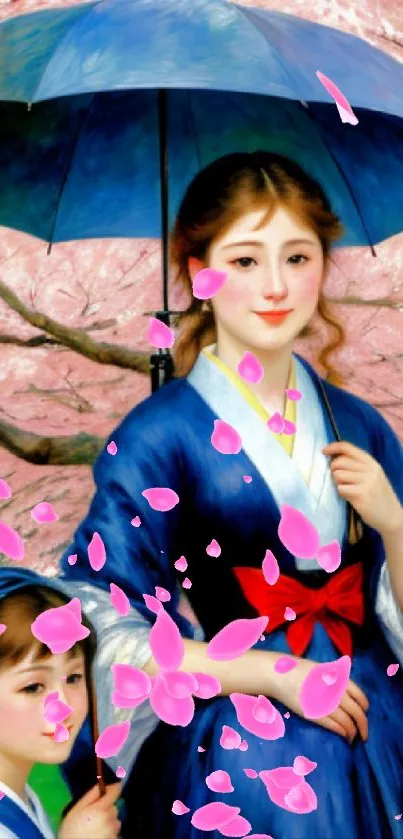 Elegant Japanese women under cherry blossoms, traditional attire.