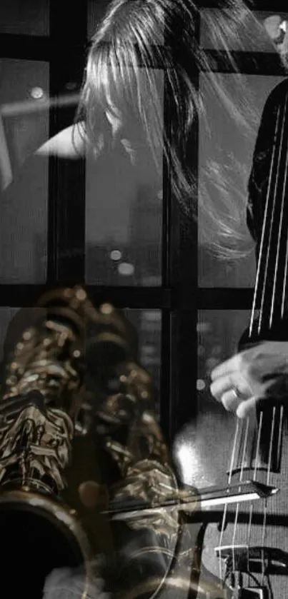 Black and white jazz wallpaper with saxophone and bass.