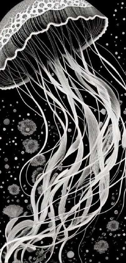 Elegant black and white jellyfish wallpaper art for mobile devices.