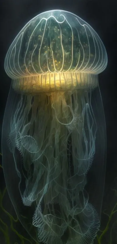 A glowing jellyfish floats in a dark ocean, showcasing its elegant beauty.