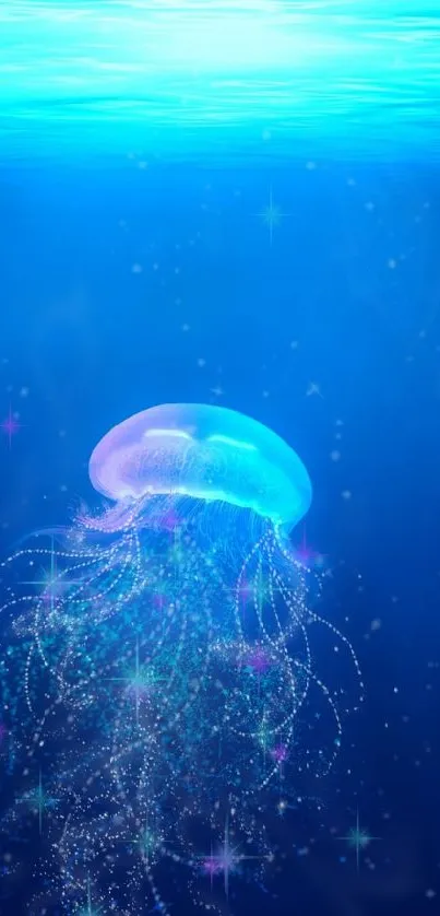 Jellyfish floating in a vibrant blue ocean with artistic design.