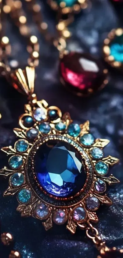 Jewelry adorned with blue gems and gold accents.