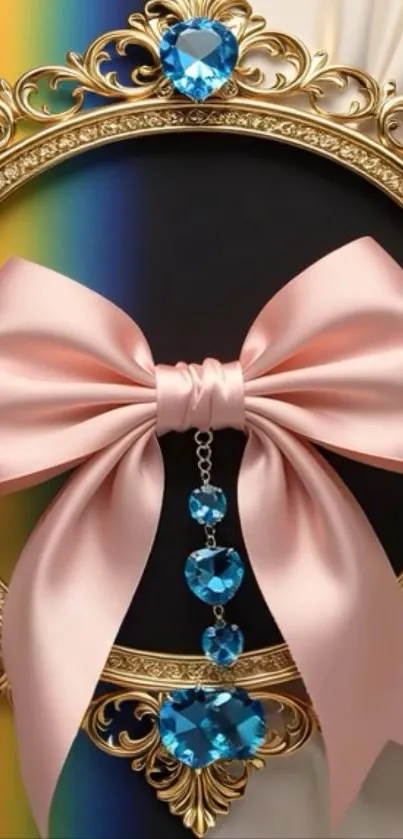 Elegant wallpaper with gold frame and pink ribbon adorned with blue jewels.