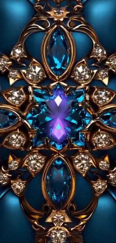 Intricate blue jewel and gold patterned wallpaper.