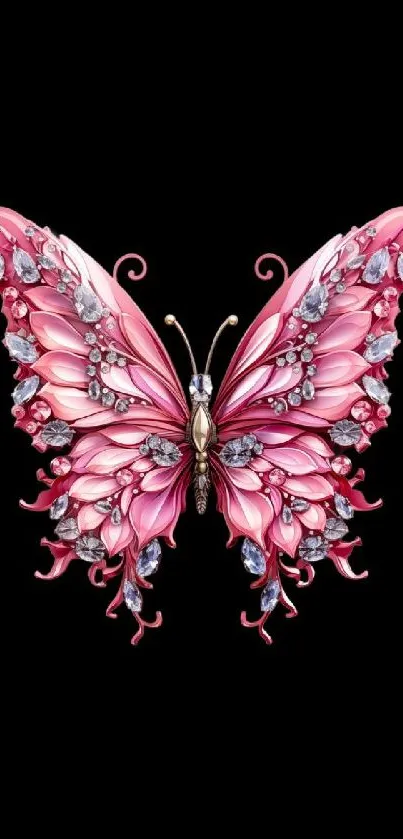 Elegant pink butterfly with jeweled accents on black background.