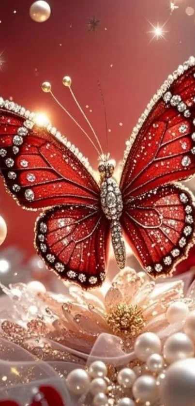 Jeweled red butterfly with pearls and floral design.