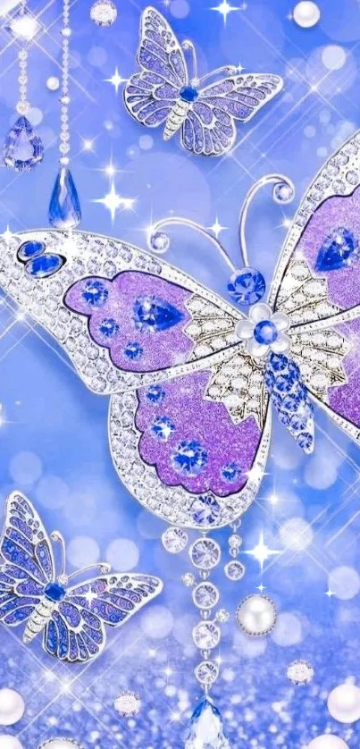 Elegant butterfly wallpaper with jewels in blue and purple hues.