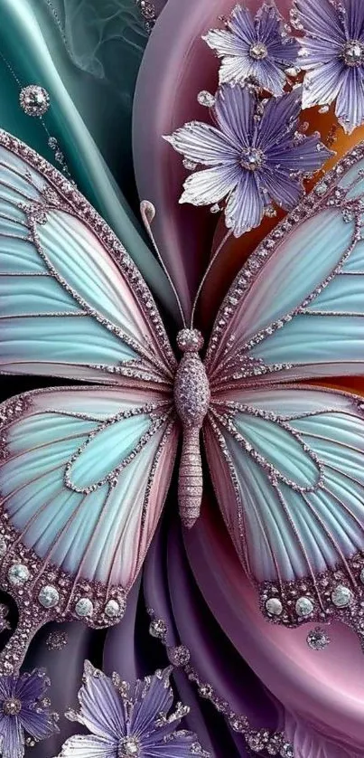 A jeweled butterfly with floral accents on a colorful mobile wallpaper.
