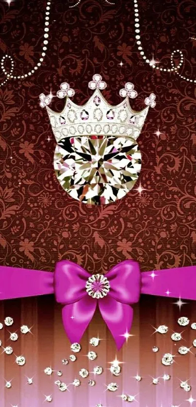 Luxurious jeweled crown with pink ribbon on brown background.