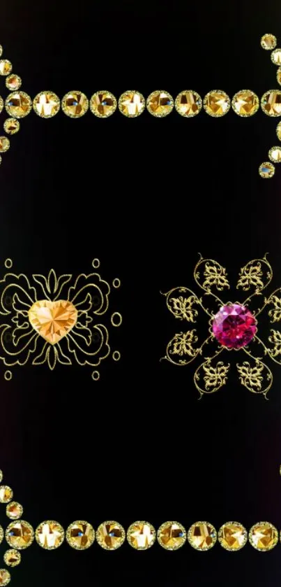 Elegant mobile wallpaper with golden and ruby jewel designs on black.