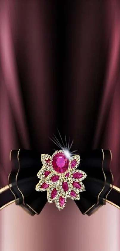 Elegant mobile wallpaper with burgundy satin ribbon and jewels.