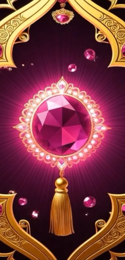 Elegant wallpaper featuring a jewel design in gold and ruby tones.