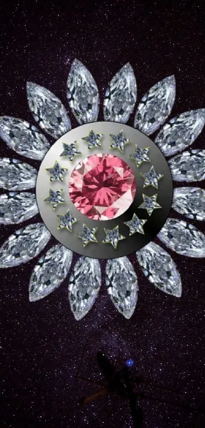 Intricate jewel design with floral motif on a galaxy background.