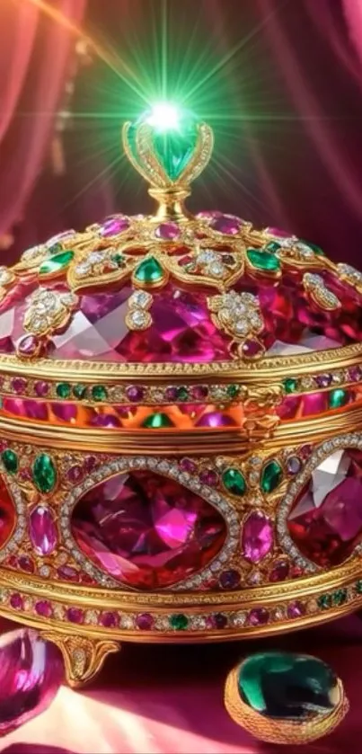 Ornate jewel-encrusted decorative box with rubies and emeralds.