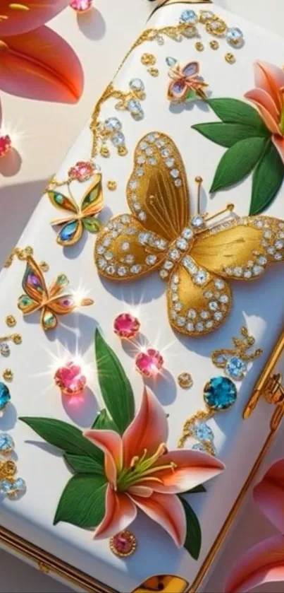 Elegant wallpaper with jeweled butterfly and colorful flowers.