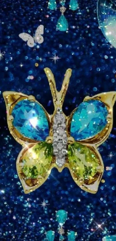 Jewel-encrusted butterfly on blue, sparkling background wallpaper.