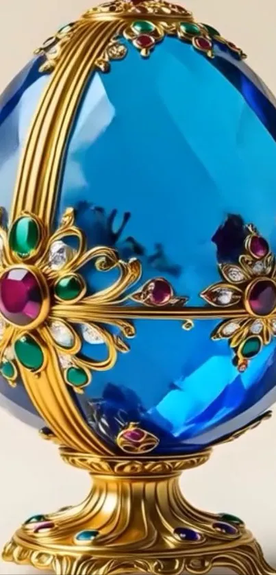 Luxurious jewel encrusted egg with blue and gold.