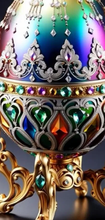 Intricately designed jewel-encrusted egg with vibrant colors and ornate details.