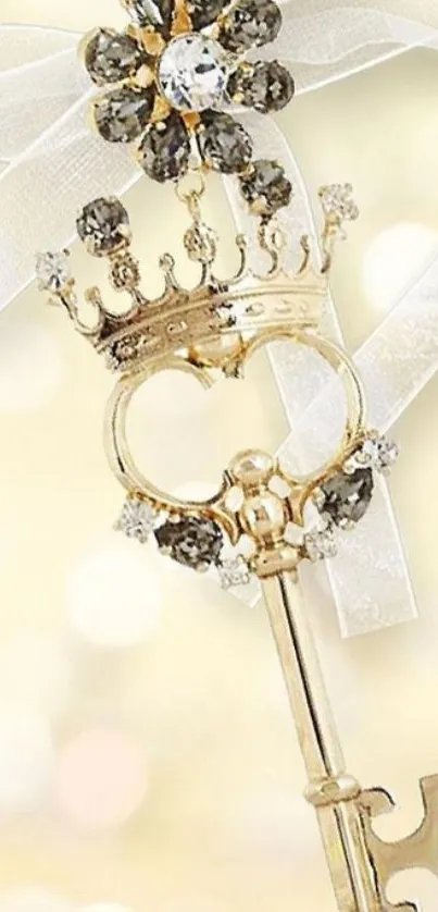 Elegant key with jewels and crown on a gold background.