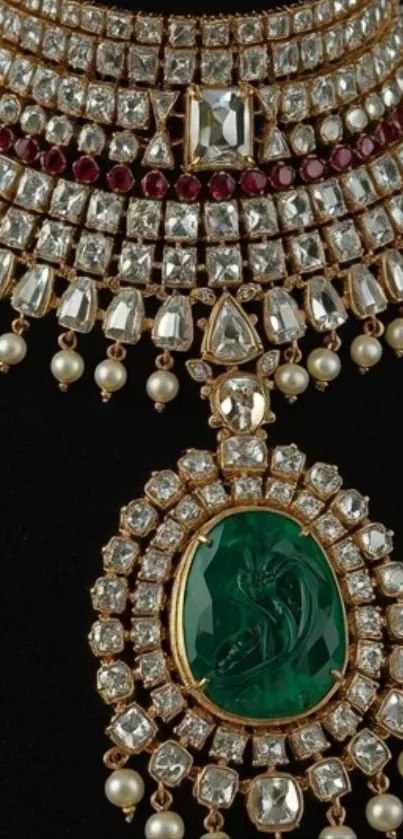 Luxurious necklace with emerald and diamonds on black background.