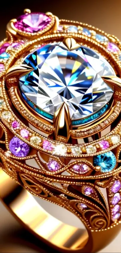 Mobile wallpaper with ornate, jewel-encrusted gold ring.