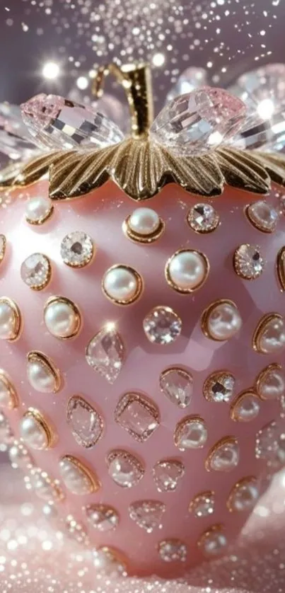 A jewel-encrusted pink strawberry with sparkling details.