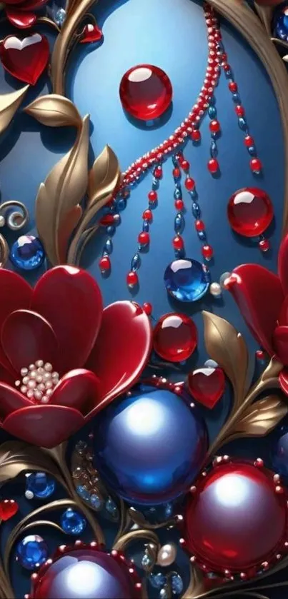 Elegant jewel floral design with red flowers and blue gems.