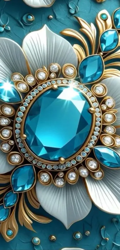 Elegant floral wallpaper with blue gemstone and gold accents.