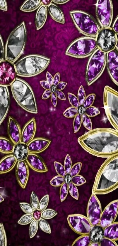 Jewel-encrusted floral wallpaper with purple and gold accents.