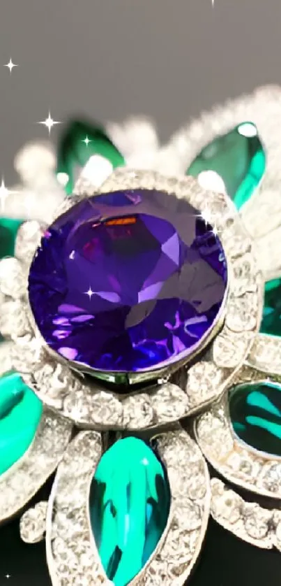 Elegant floral wallpaper with emerald and amethyst jewels.