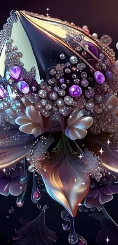 Jewel-encrusted flower with purple hues on a mobile wallpaper.