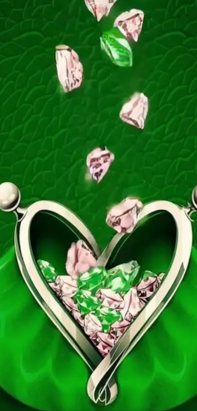 Heart-shaped jewel design on green background wallpaper.