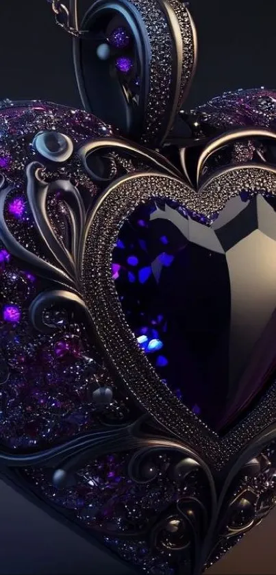 Elegant heart-shaped jewel wallpaper with deep purple hue.
