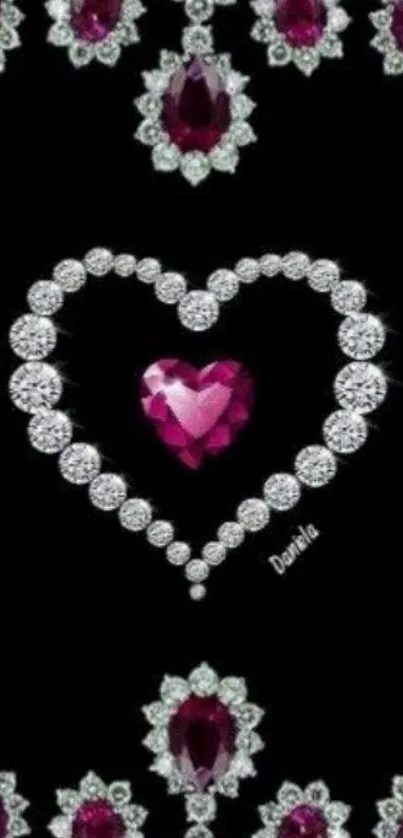 Elegant wallpaper with sparkling jewel heart design on black background.