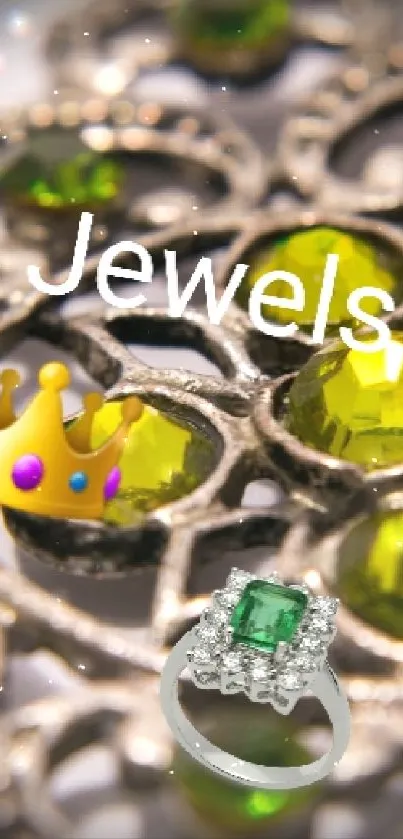 Intricate jewel with green gems mobile wallpaper.
