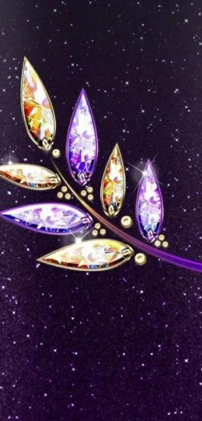 Jewel-encrusted leaf on purple starry background.