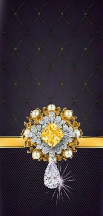 Elegant wallpaper with gold and diamond jewel design on dark purple background.