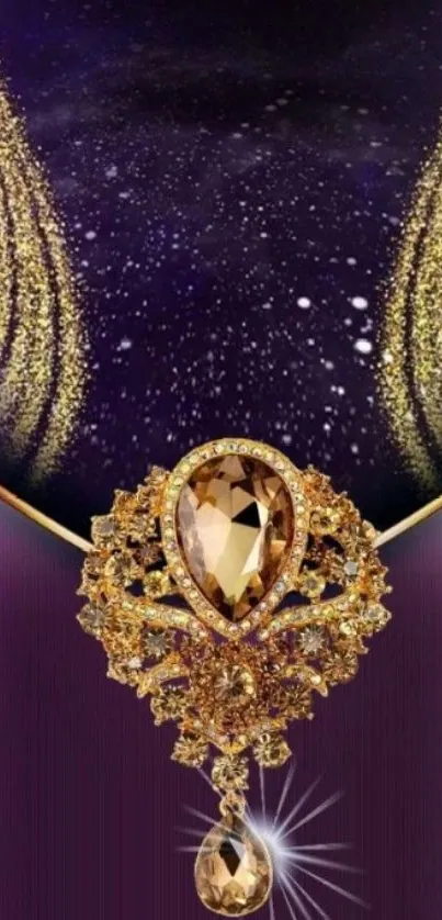 Luxurious gold jewel on purple phone wallpaper.