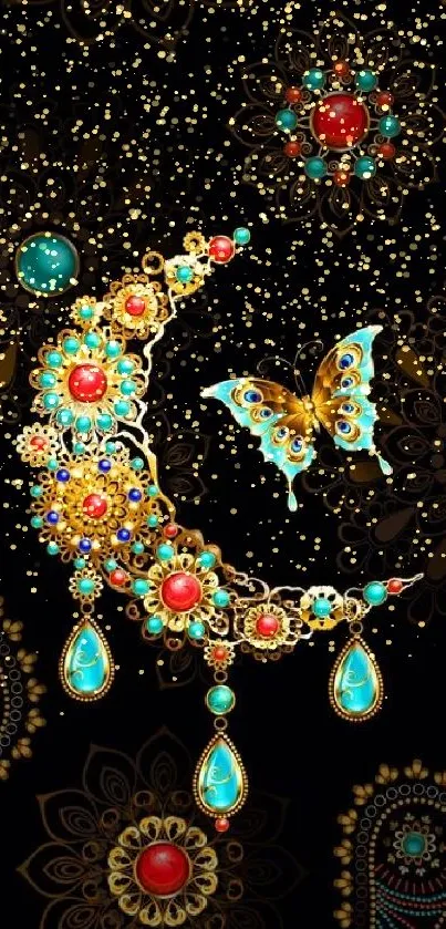 Mobile wallpaper with a jewel-studded moon and butterfly design.