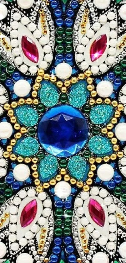 Dazzling jewel mosaic design with vibrant gemstones in blues, reds, and greens.