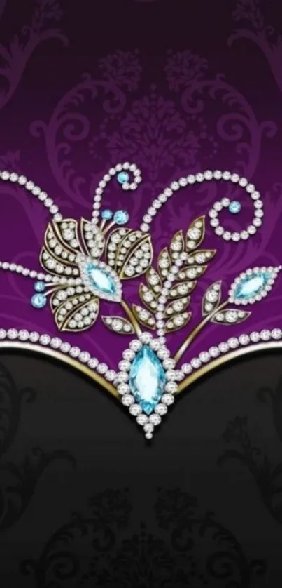 Elegant mobile wallpaper with jewels on a purple and black background.